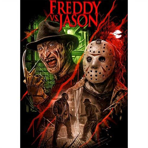 a 5d kit featuring classic freddy and jason complete with round diamond embroidery this art craft is perfect for wall decoration and an gift for christmas and birthdays
