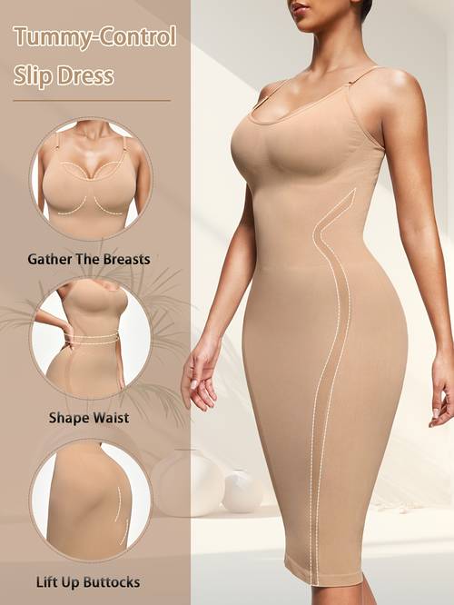 item picture 2pcs womens seamless bodycon dress shaping slip dresses for women high support shapewear dress with adjustable straps waist cinching tummy control midi dresses breathable comfortable fabric long dress for everyday outfits