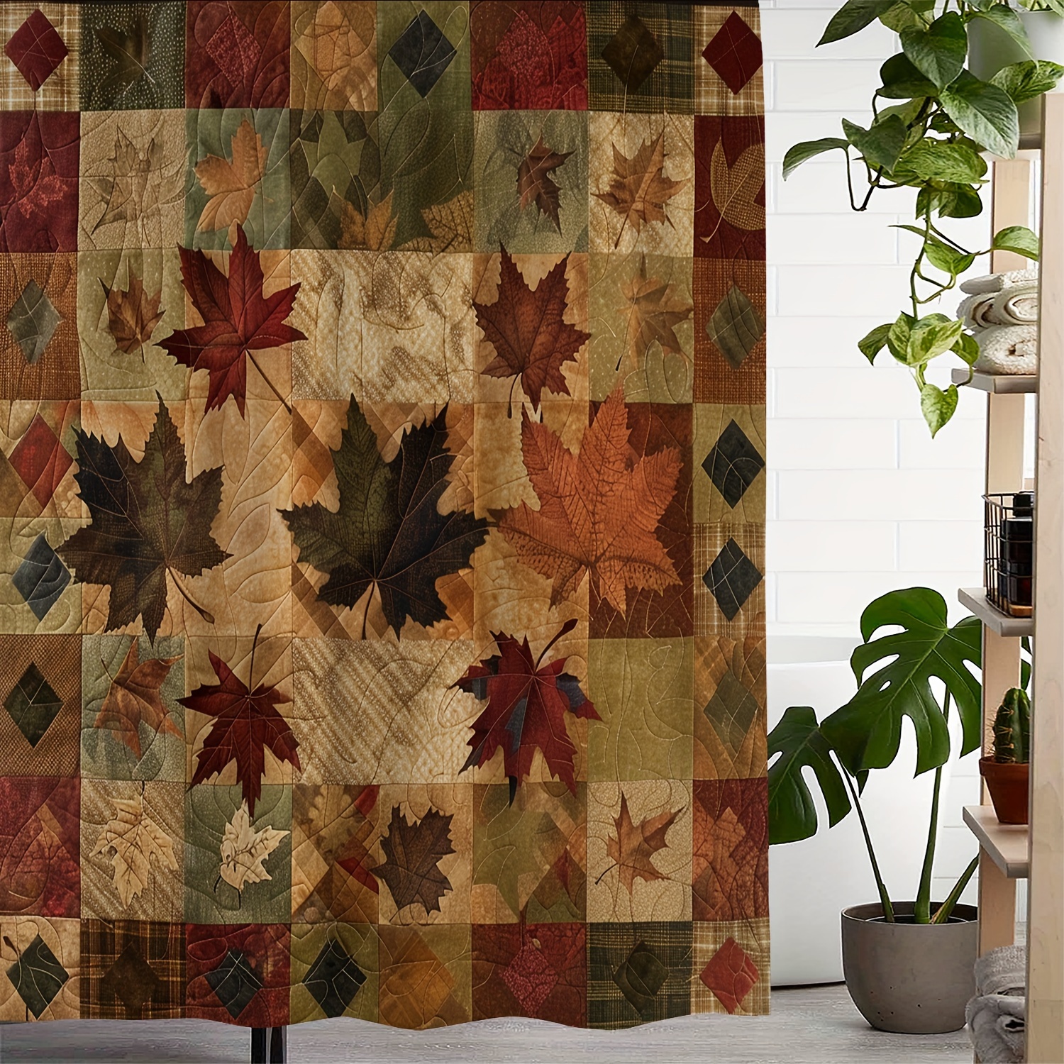 

Autumn Leaves Embroidered Patchwork Print Waterproof Shower Curtain, Polyester Woven Fabric, Water-resistant With 12 Hooks, Machine Washable, Artistic Design Curtain For Bathroom Decor