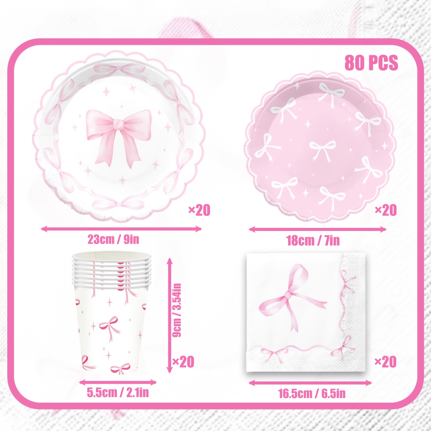 Image of 300gsm 80pcs Pink Ribbon Bow Coquette Paper Tableware Set Perfect For | Cute Pink Bowknot Scalloped Edge Theme | Disposable Paper Dinner Dessert Plates Cups Napkins | Shower Birthday Party Decors