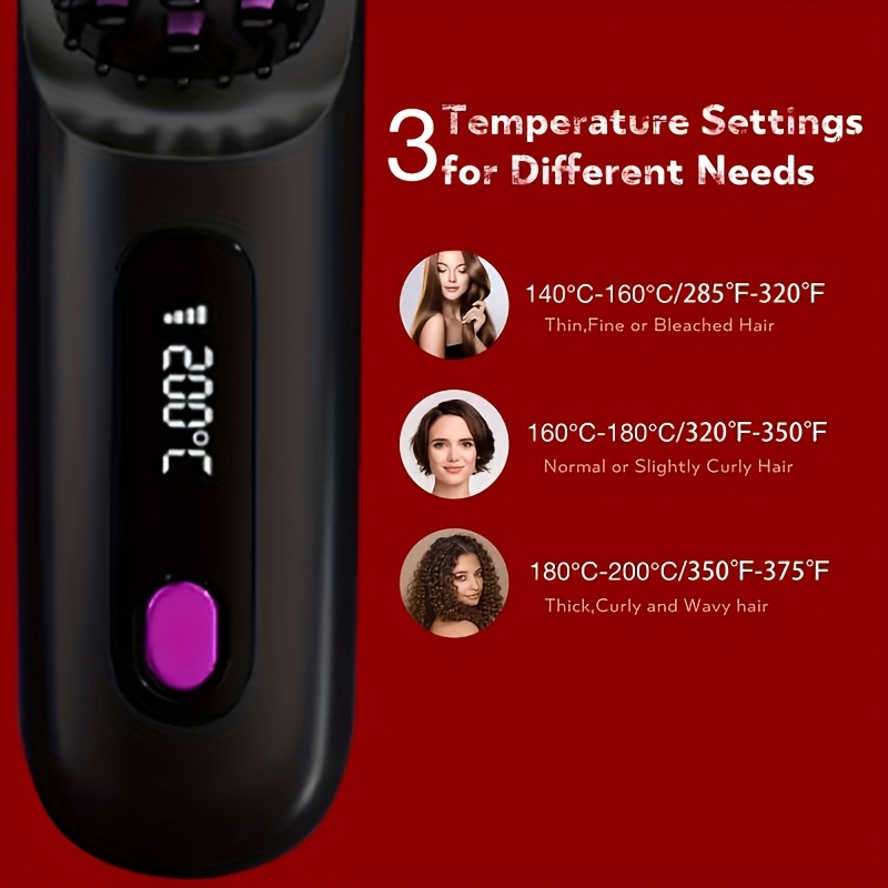 Portable Wireless Hair Straightener Comb | USB Charging, 3-speed Temperature Control, Negative Ion Technology, Long-lasting Luster, LED Display, Lightweight, Perfect for Travel, Includes Comb and Clip.