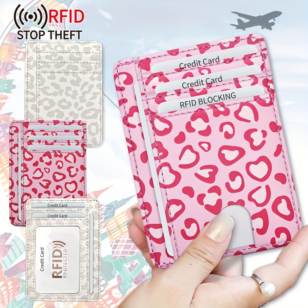 

Leopard Style Portable Rfid Blocking Card Holder, Pocket Wallet With Id Window, Minimalist Slim Coin Purse