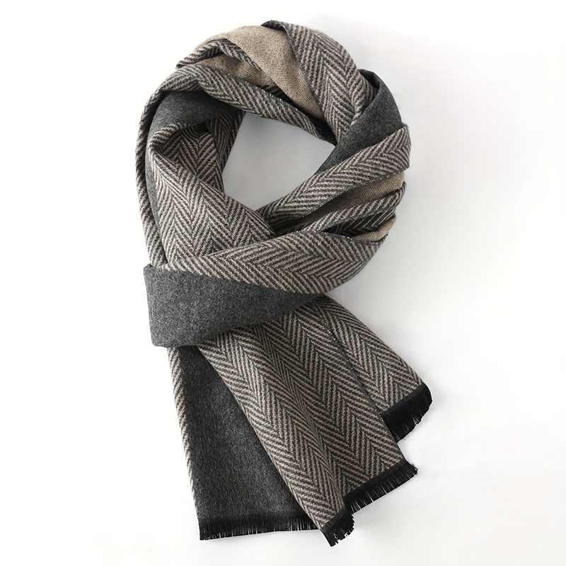 TEMU 1pc Écharpe d'hiver pour homme à motif chevrons, tissu épais et chaud, bloc de couleurs et beige élégant, bords à franges, parfaite pour les