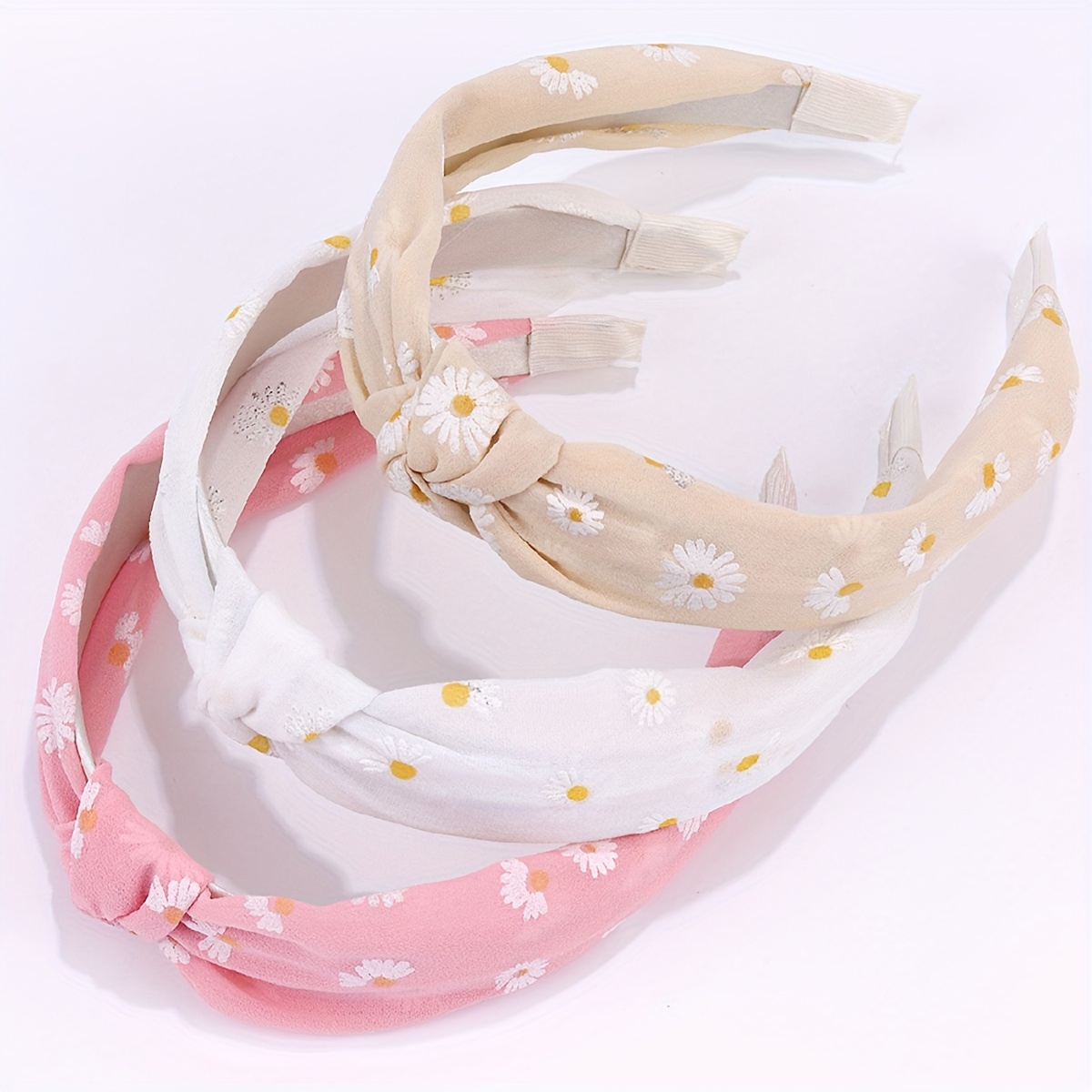 Image of 3pcs Daisy Pattern Hair Bands For Solid Color Fabric Polyester Headbands Versatile Hair Hoop Design For Face Wash Makeup Or Casual Attire