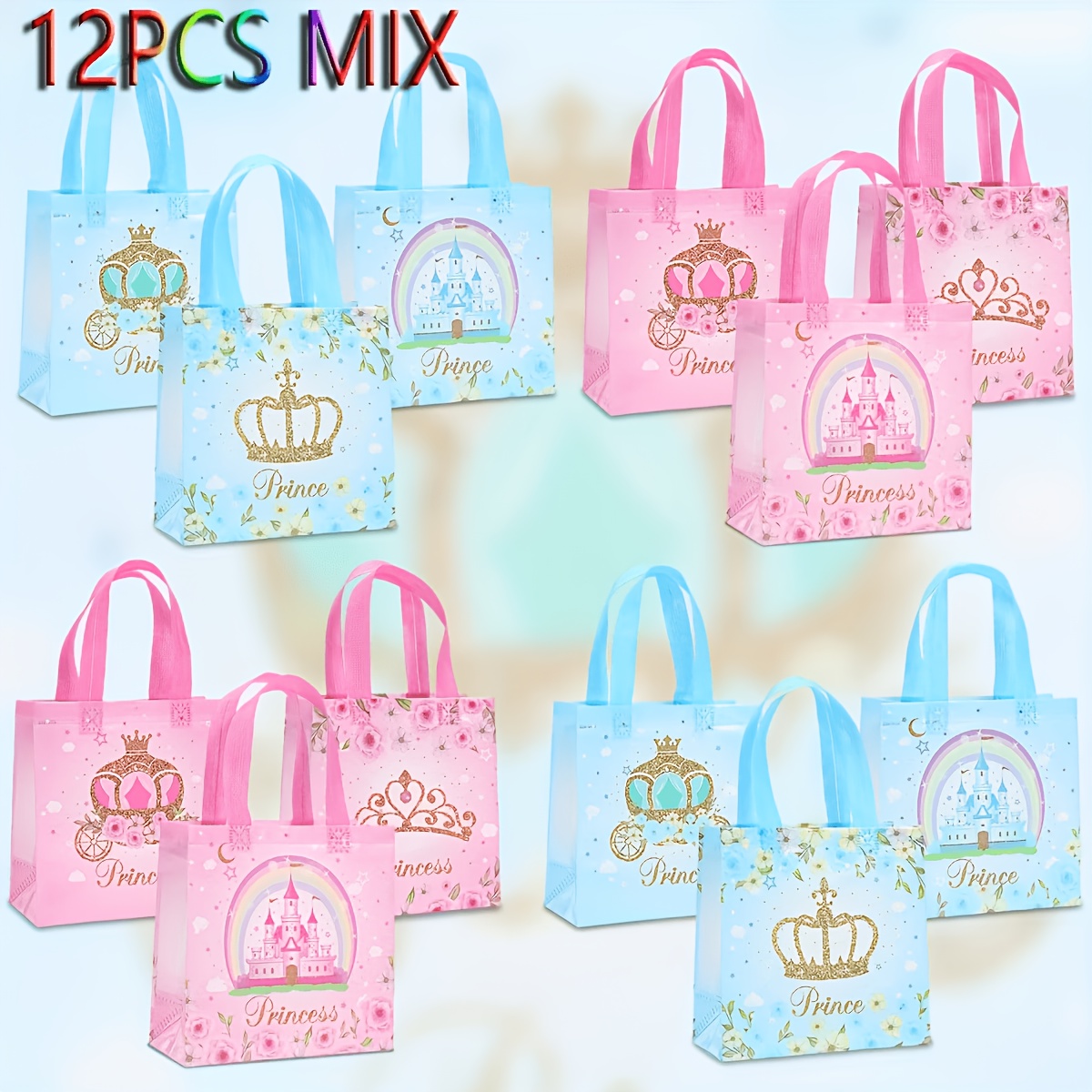 TEMU 12pcs Set Fantasy Princess Castle Theme Series Non-woven Bags, Available In Pink And Blue, Featuring Exquisite Crown, Carriage, And Castle