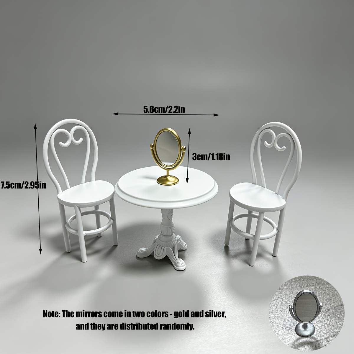 French Retro Mini Doll Furniture Set with Curved Back Chairs & Dressing Mirror