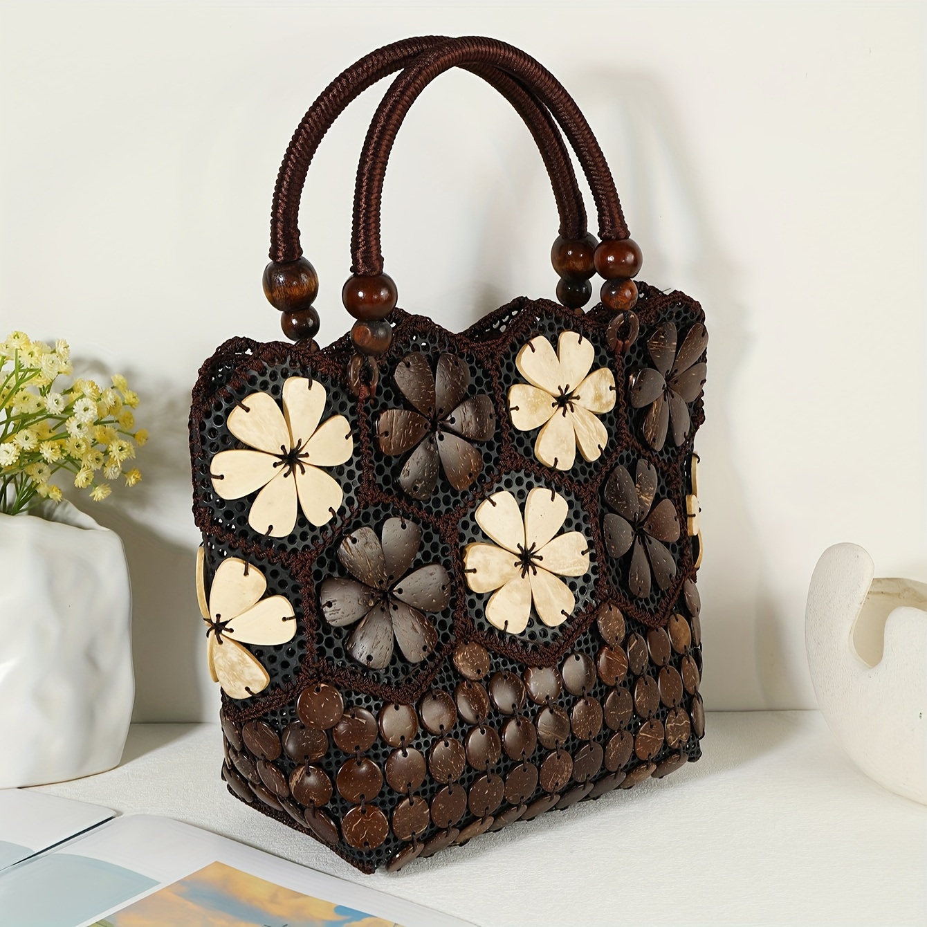 Image of Handmade Bohemian Vintage Handbag - Geometric Coconut Shell & Floral Pattern In Deep Brown & White, Zipper Closure, Wrist Strap, Lining - Versatile For Casual, Beach, Shopping
