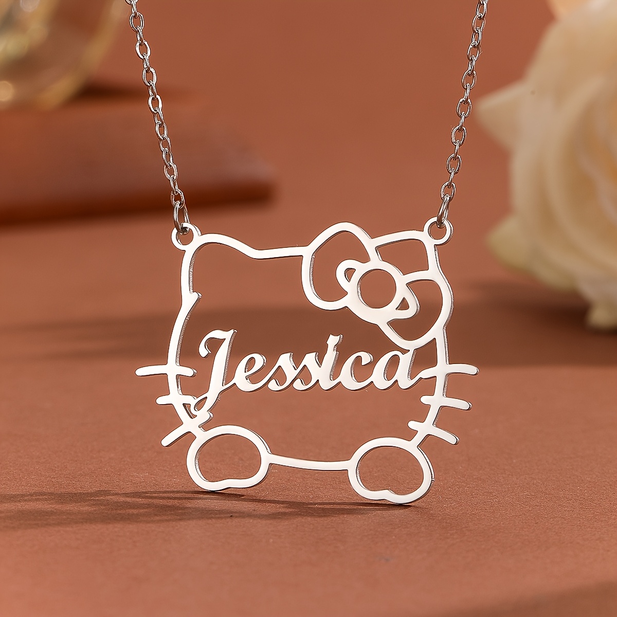 

Custom Name Cat Outline Pendant Necklace For Men And Women, Elegant Style, Stainless Steel, Personalized Pet Animal Kitten Silhouette Jewelry For Couples, No Mosaic, For Daily And Party Occasions