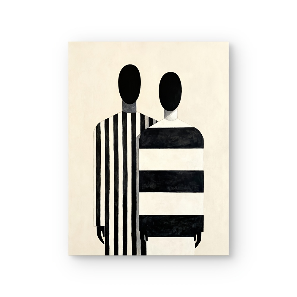 TEMU 2d Flat, 2d Flat, 1pc Abstract Black And White Striped Figures Canvas Wall For Art, Unframed Minimalist Bauhaus Style Human Silhouette Print,