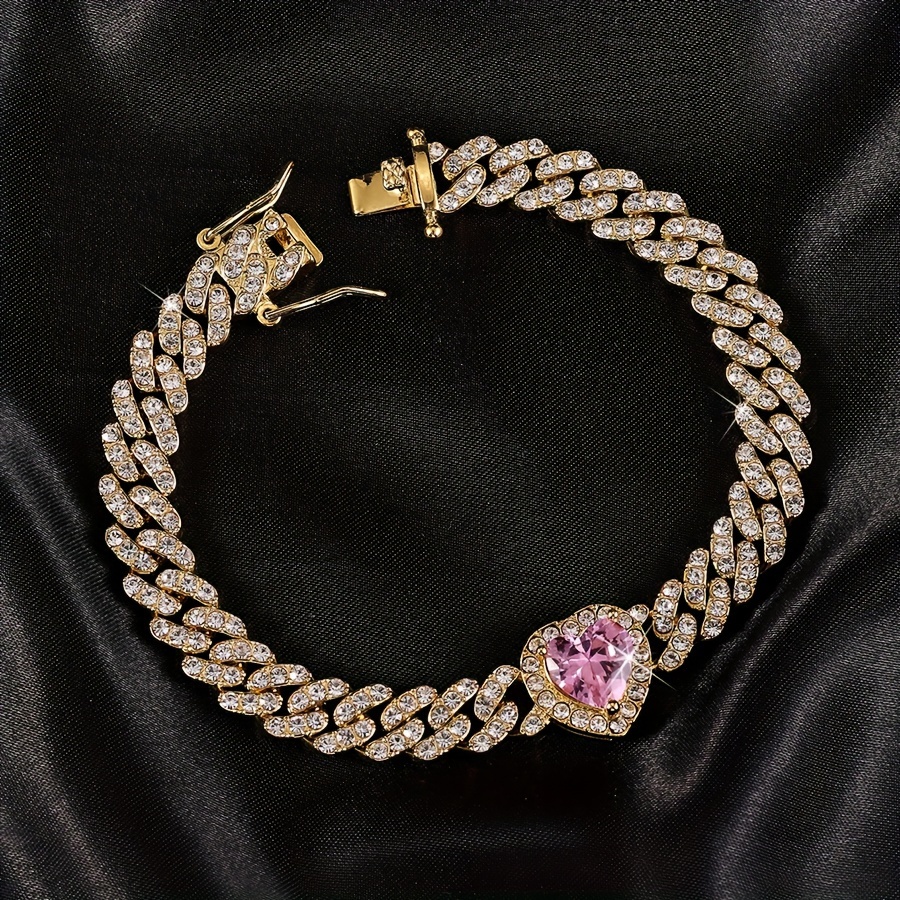 TEMU 1pc Elegant Hip Hop Style 8inch Alloy Cuban Chain Bracelet With Synthetic Heart-shaped Synthetic Gemstonestone, Charm Jewelry For Daily & Gift