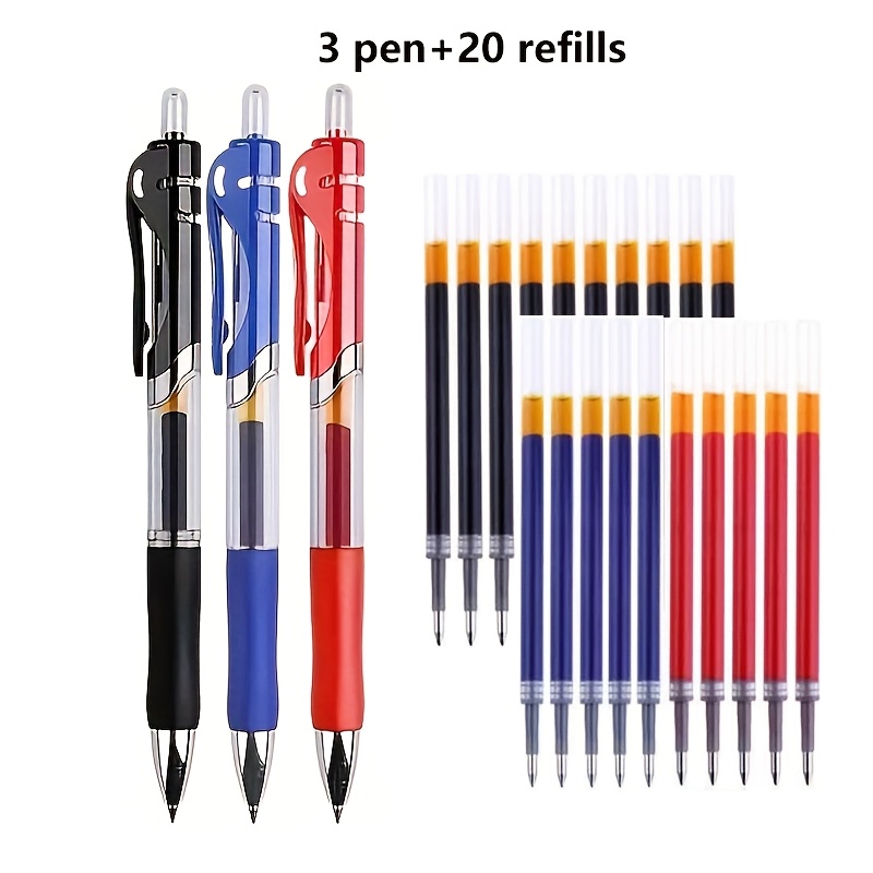 23pcs/set: 3pcs Gel Pens+20pcs Refills, Large Capacity 0.5mm Ballpoint Pen, Press And Push Gel Pens, Black/red/blue Stationery School Office Supplies, Signature Pen For Or Student