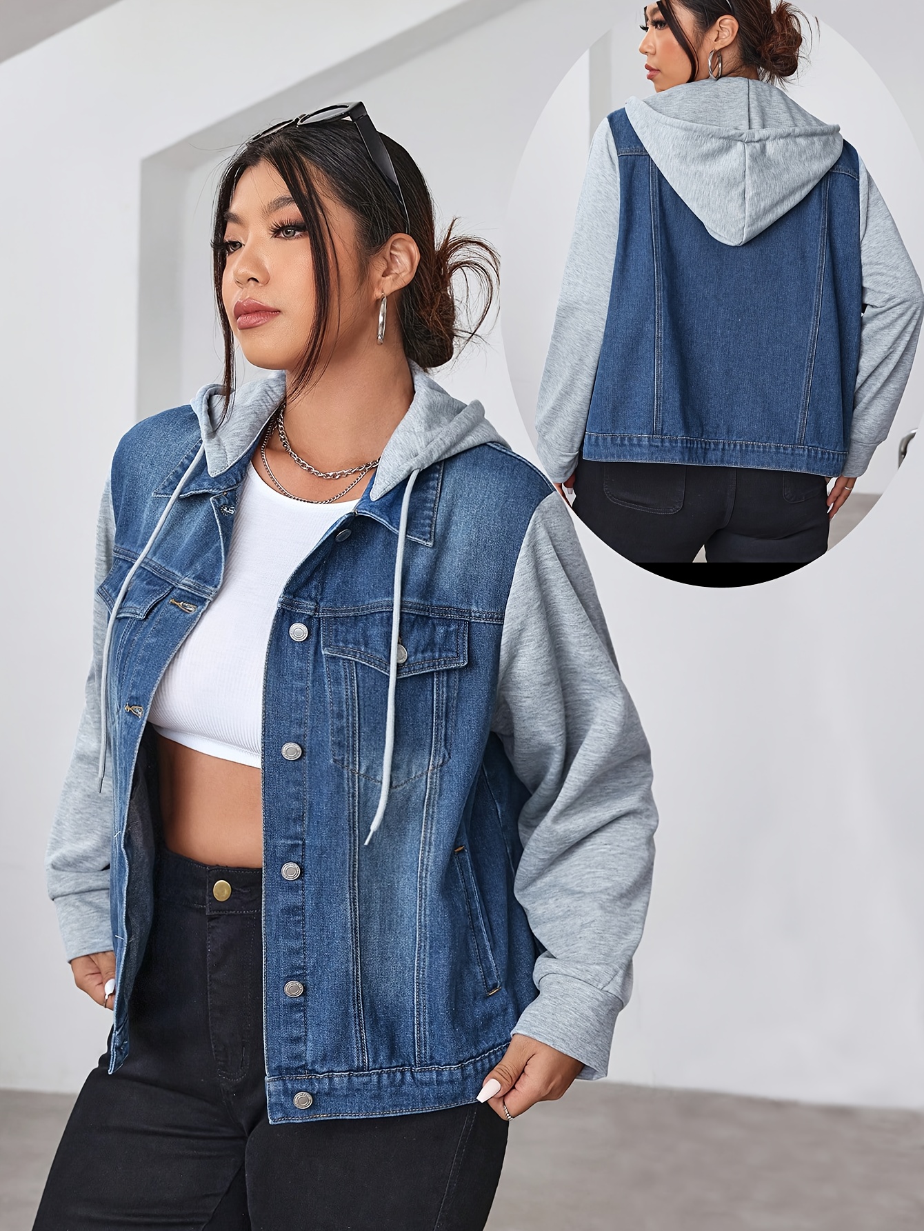plus size women's denim hoodie jacket long sleeve button Temu Oman