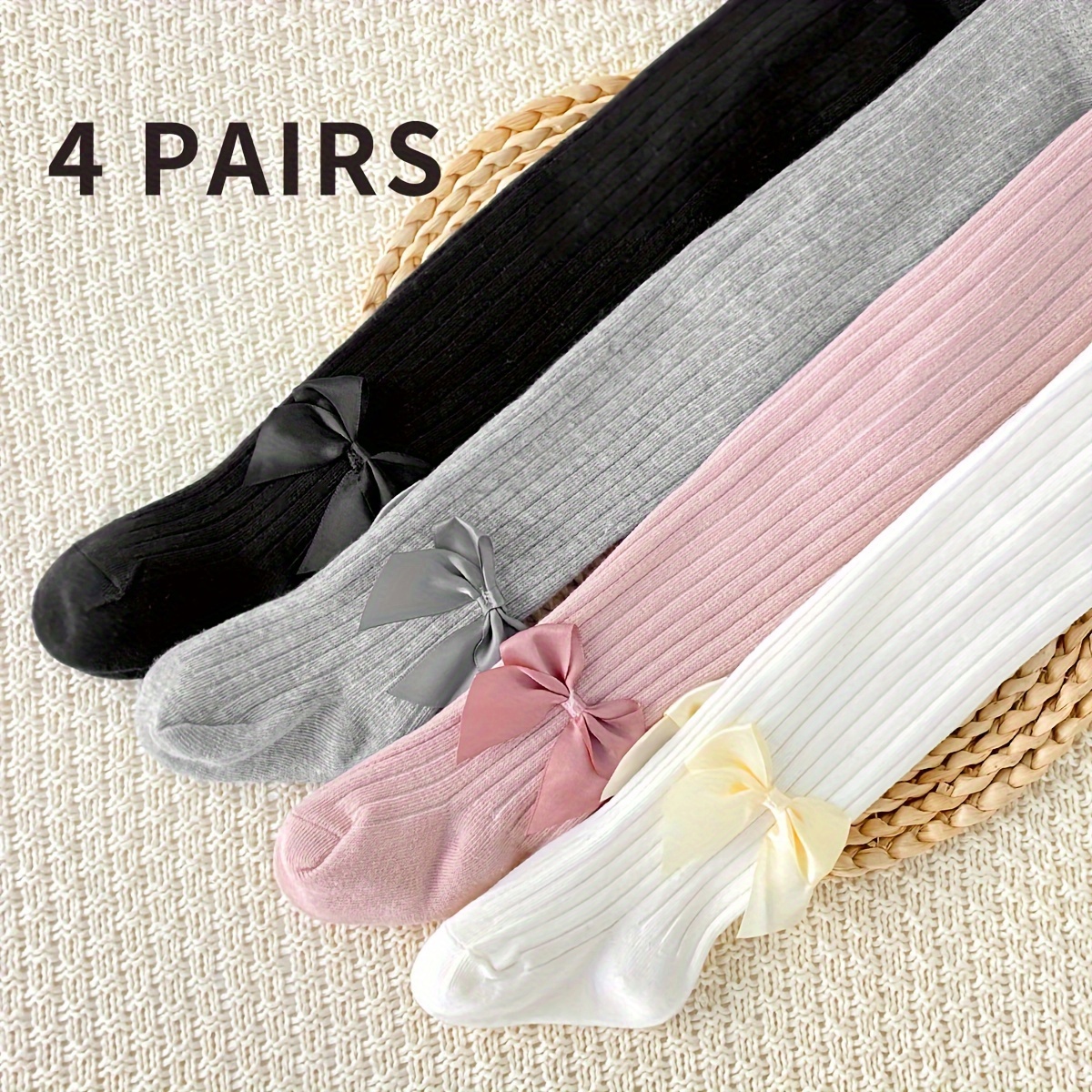 

Bowknot Pattern 4 Pairs Girl's Legging Pantyhose Solid Crew Socks, Breathable Comfy Casual Socks Novelty