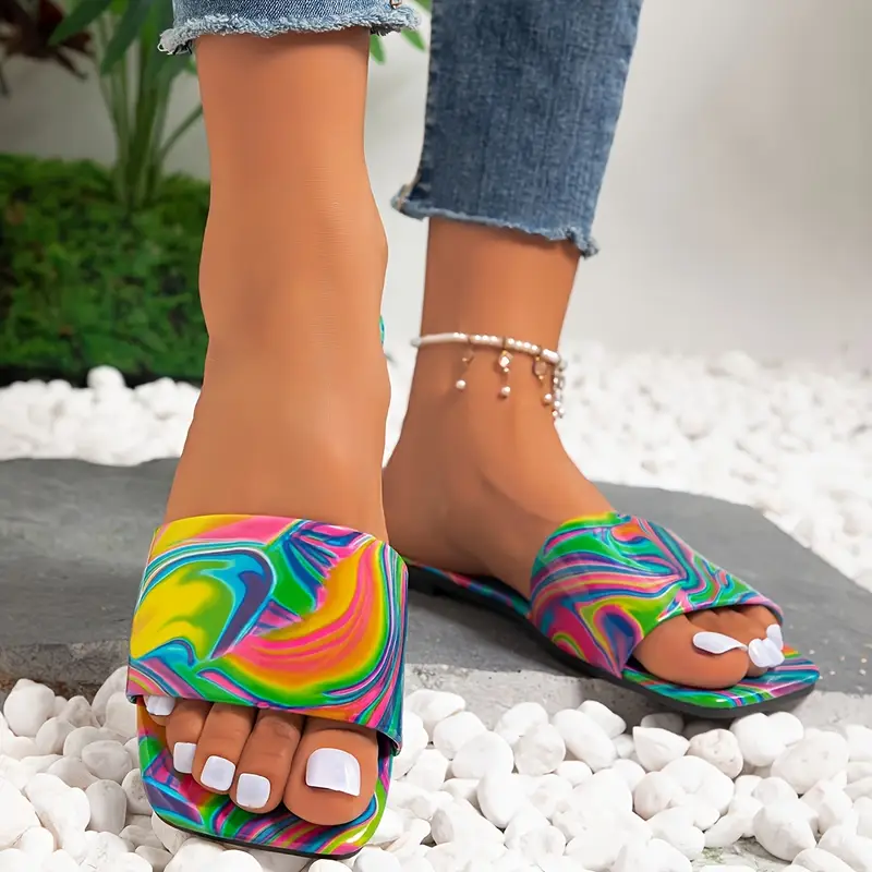 womens abstract color slide sandals fashion open toe flat summer shoes lightweight slide sandals details 4