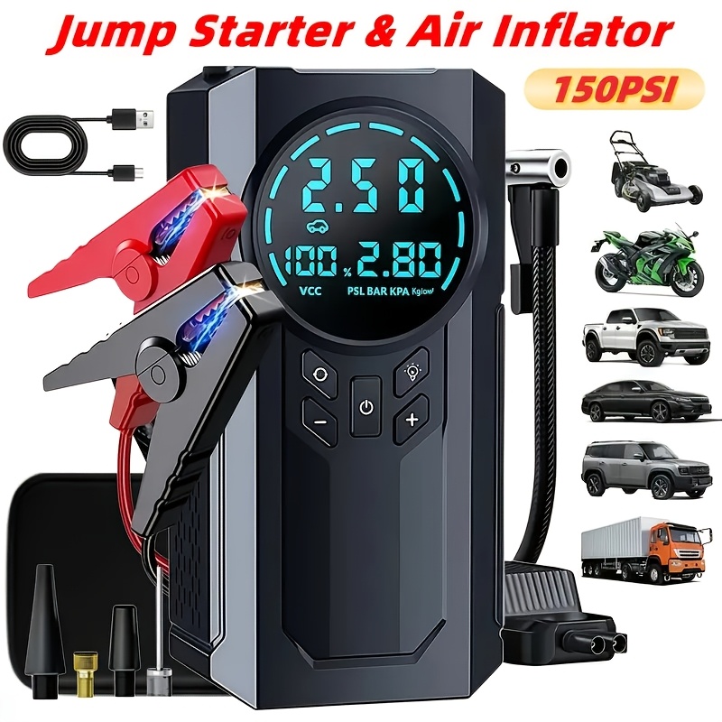 10-in-1 Heavy-Duty Car Emergency Starter Kit | Includes Various Adapters, Portable Air Compressor, 150PSI Digital Tire Inflator, 3-Mode LED Flashlight, USB Rechargeable Power, Digital Screen, Car Battery Enhancer, Compact Design