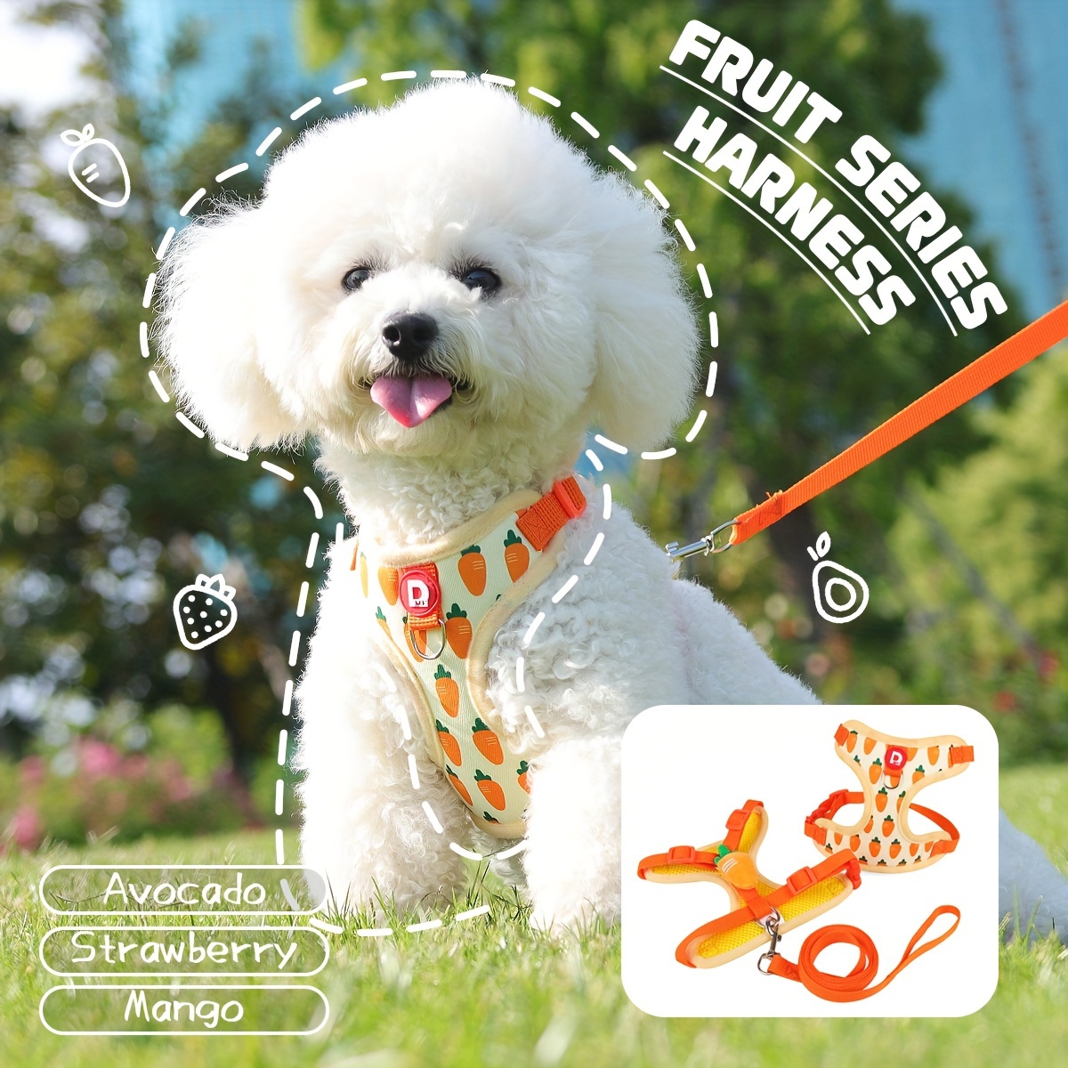 

Cute Cartoon Fruit Pattern Dog Harness With Matching Leash - Comfortable Polyester Pet Vest For Small To Medium Breeds, Ideal For Outdoor Activities