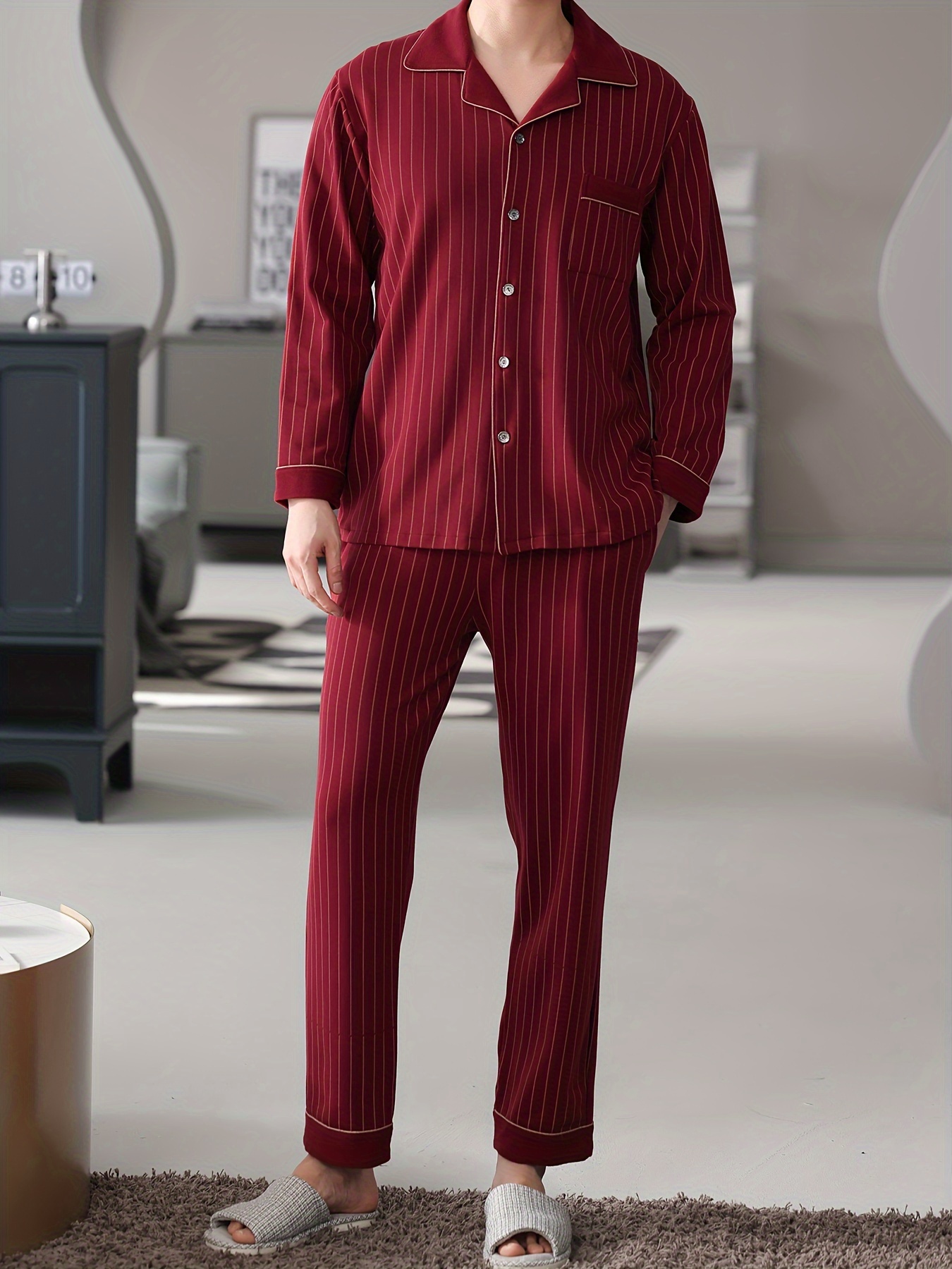 100% Cotton Men'S Pajama Set - Casual Lapel Collar Long Sleeve Sleepwear with Pockets, Striped Slight Stretch Knit Fabric, Loose Fit Lounge Sets for Spring/Fall