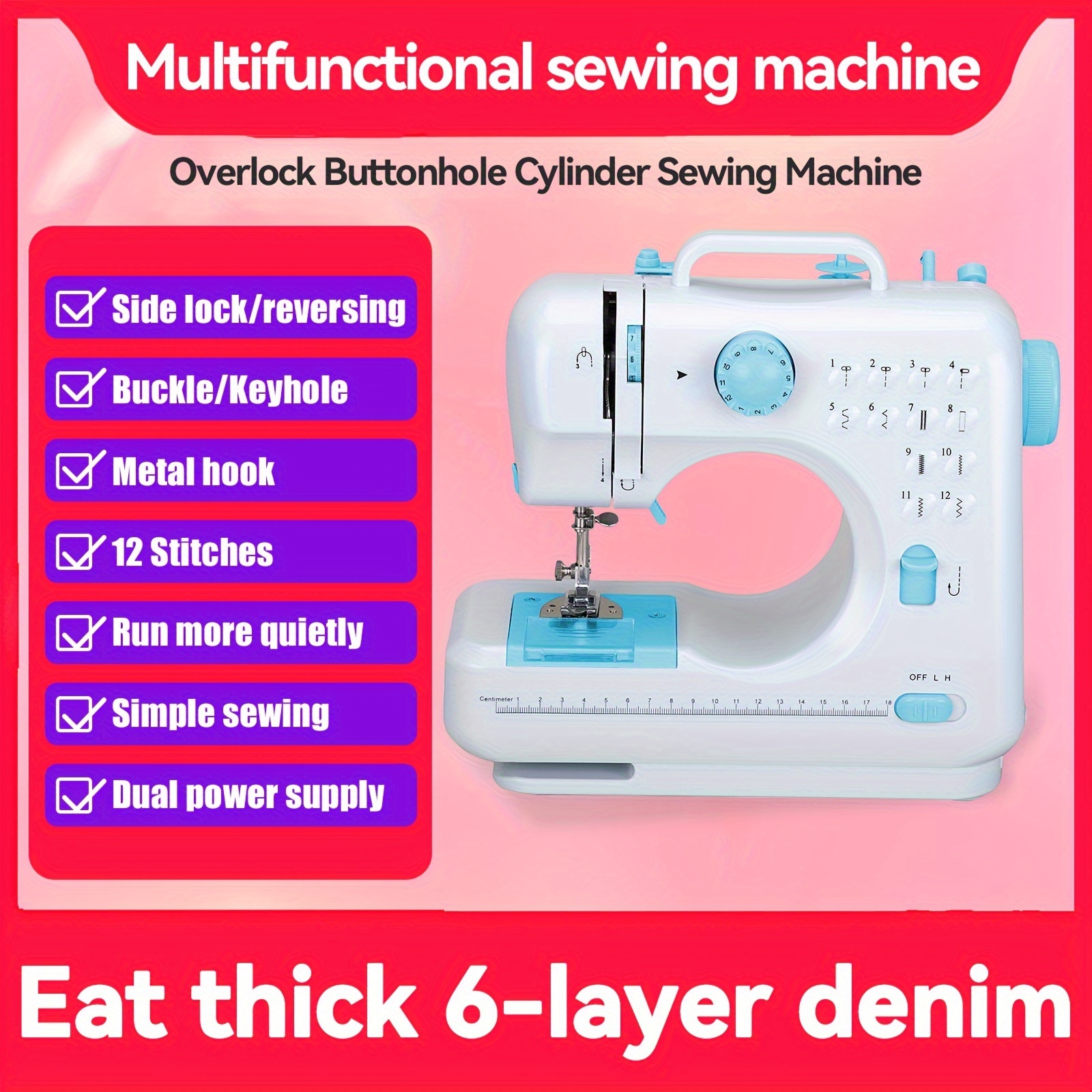 TEMU 12 Sewing Machine, Household Sewing Machine, Electric Sewing Machine, Mini Portable Sewing Machine, Double--speed Reverse