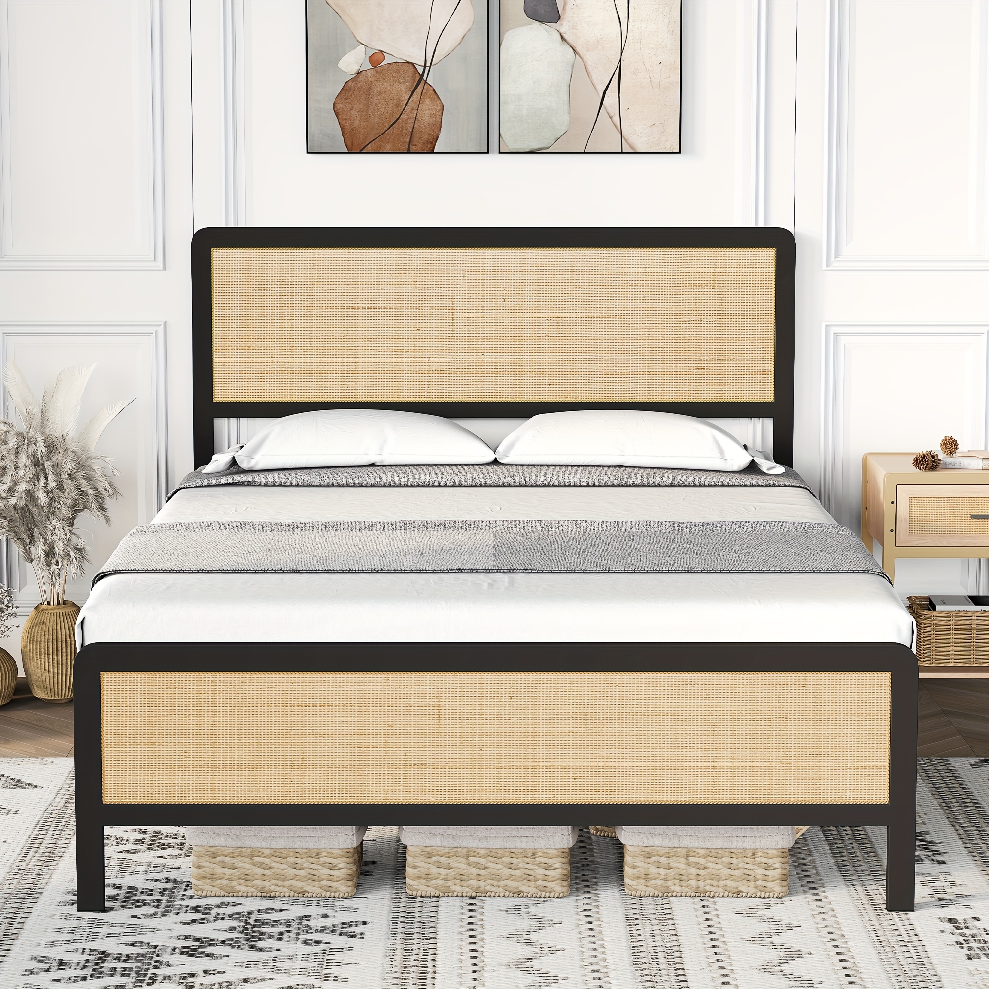 

1pc 2 Size Bed Frame With Rattan Headboard And Footboard, Platform Bed Frame With Safe Rounded Corners, Strong Metal Slats Support, Mattress Foundation, Noise-free, No Box Spring Needed