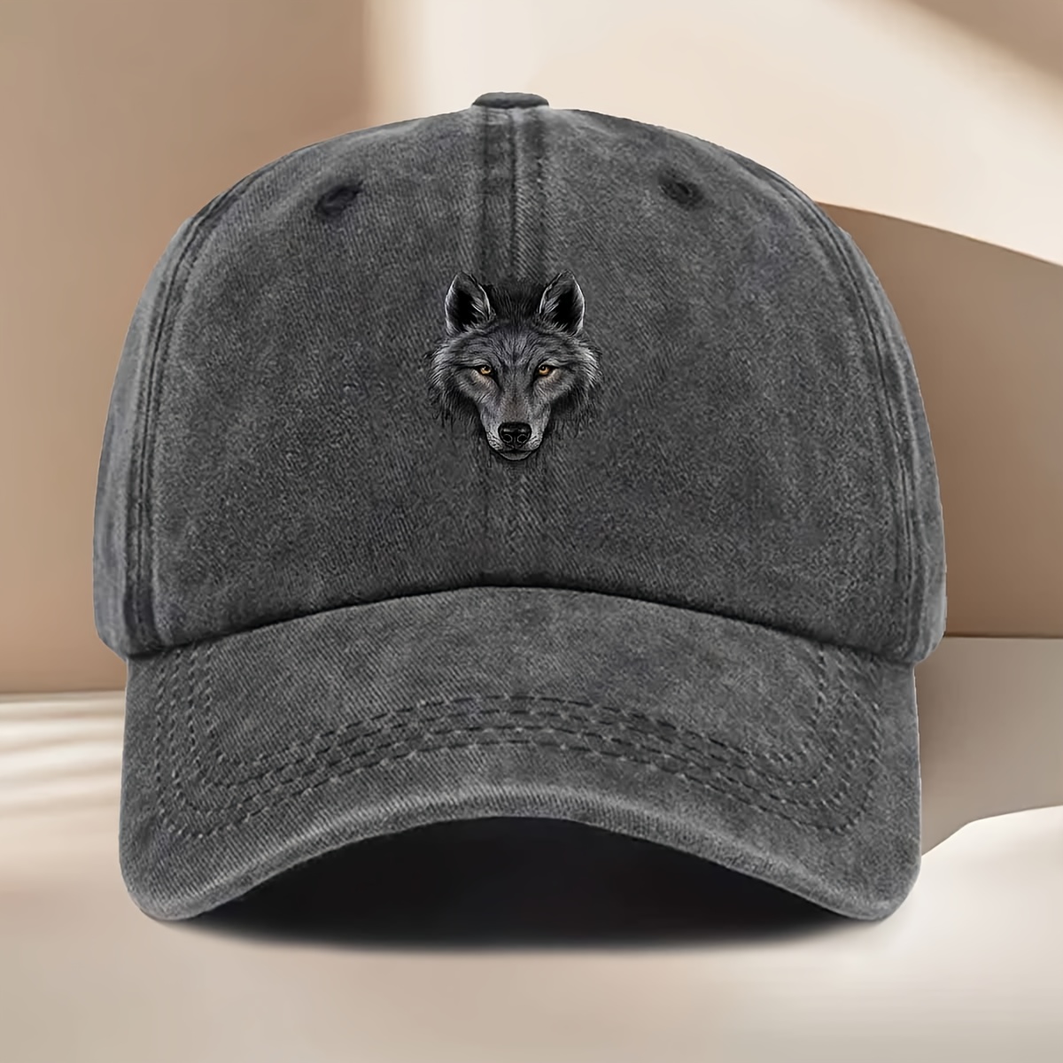 E-shop Vintage Distressed Entenschnabel-Mütze für Herren & Damen mit Wolfs-Kopf-Aufdruck – Leichtes Textil, geeignet für Outdoor-Reisen, Hip-Hop-Mütze,