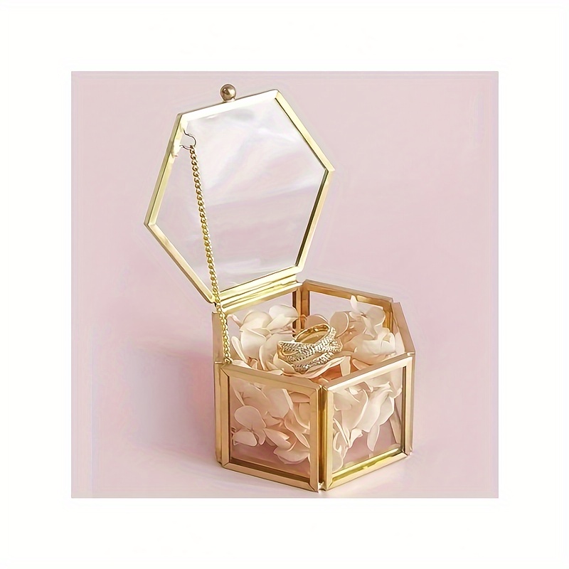 

1pc Geometric Glass Jewelry Box, Retro Wedding Proposal Ring Box With Transparent Golden Design, Perfect For Storing And Displaying Jewelry, Ideal Gift For Home Decor And Special Occasions