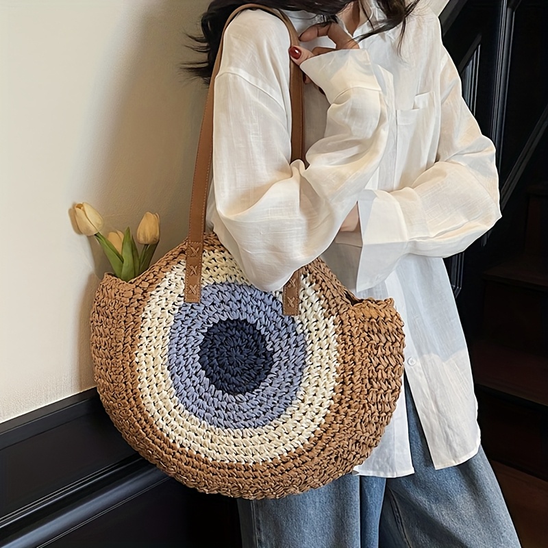 Image of Bohemian/retro Woven Straw Shoulder Bag, - Round Handbag, Spacious Interior, Perfect For Daily Shopping And Beach Holidays