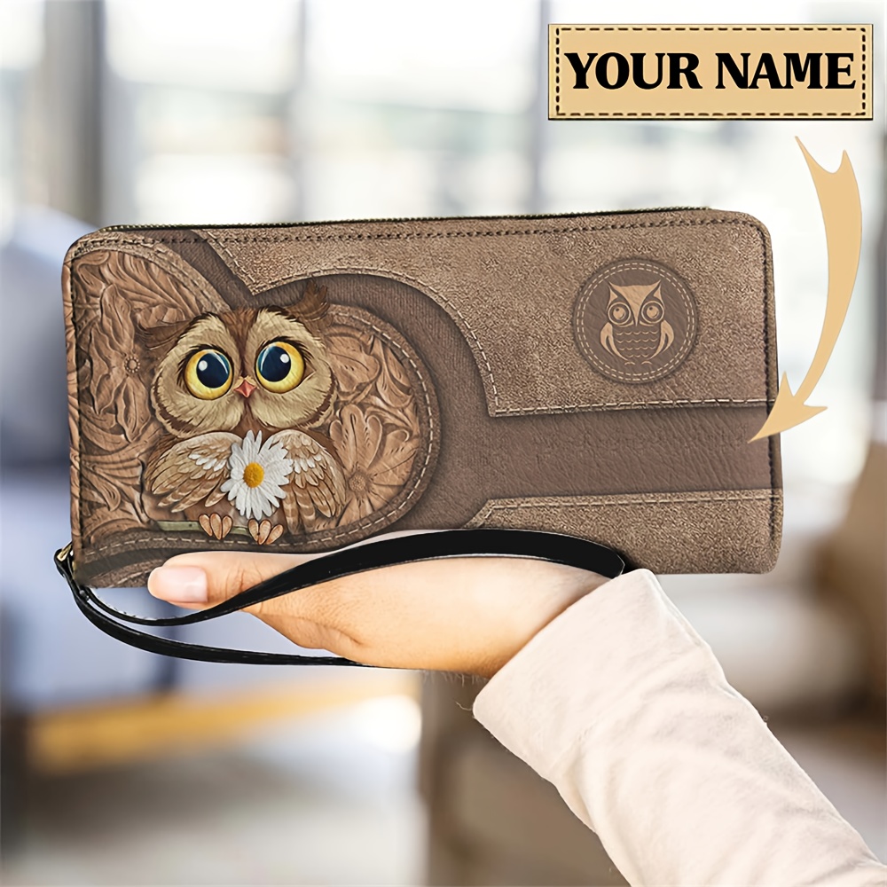 Image of Personalized Vintage Wallet For Women – Cute Owl & Daisy Print, Custom Name, Zipper Closure, Multiple Card Slots, Wrist Strap, Stylish Brown Pu Design, Cute Wallet