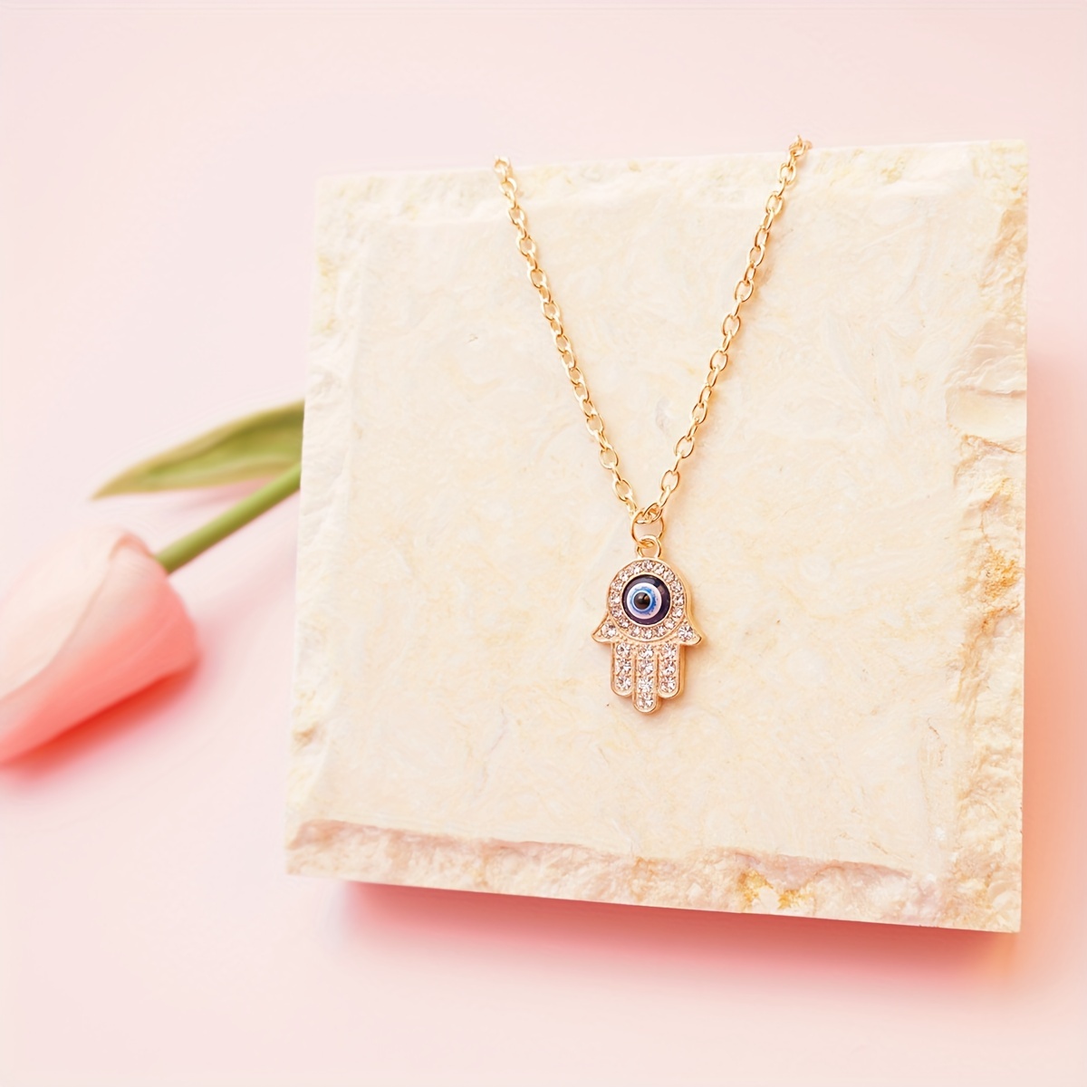 Vintage Hamsa Hand Pendant Necklace with Eye Charm - Celestial Symbol Theme