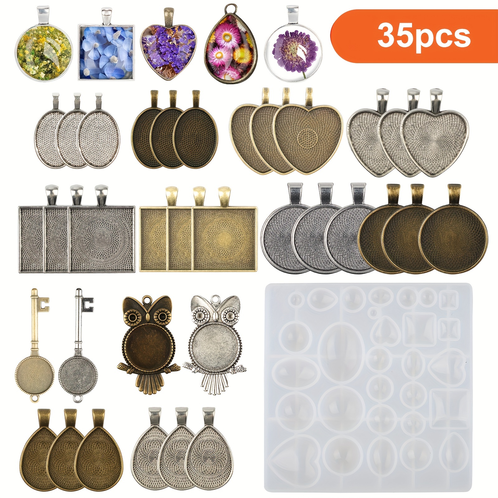 

35pcs Pendant Trays Making Kit, Resin Jewelry Casting Mold, Silicone Mold For Diy Pendant, Keychains, Earrings, Jewelry