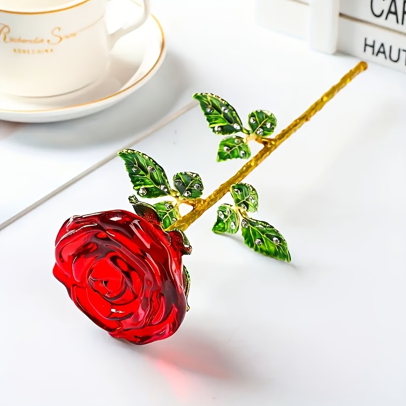 TEMU Ornement de sculpture décorative rose en verre cristal élégant, œuvre d'art en verre soufflé à , décoration de table , cadeau pour femmes,