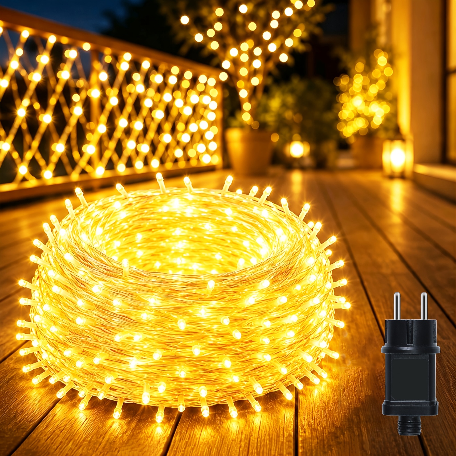 Image of Extra-long Plug-in Outdoor String Lights (warm White) With Remote Control, 8 , And Timer; Suitable For Gardens, , Christmas, And Wedding Parties.