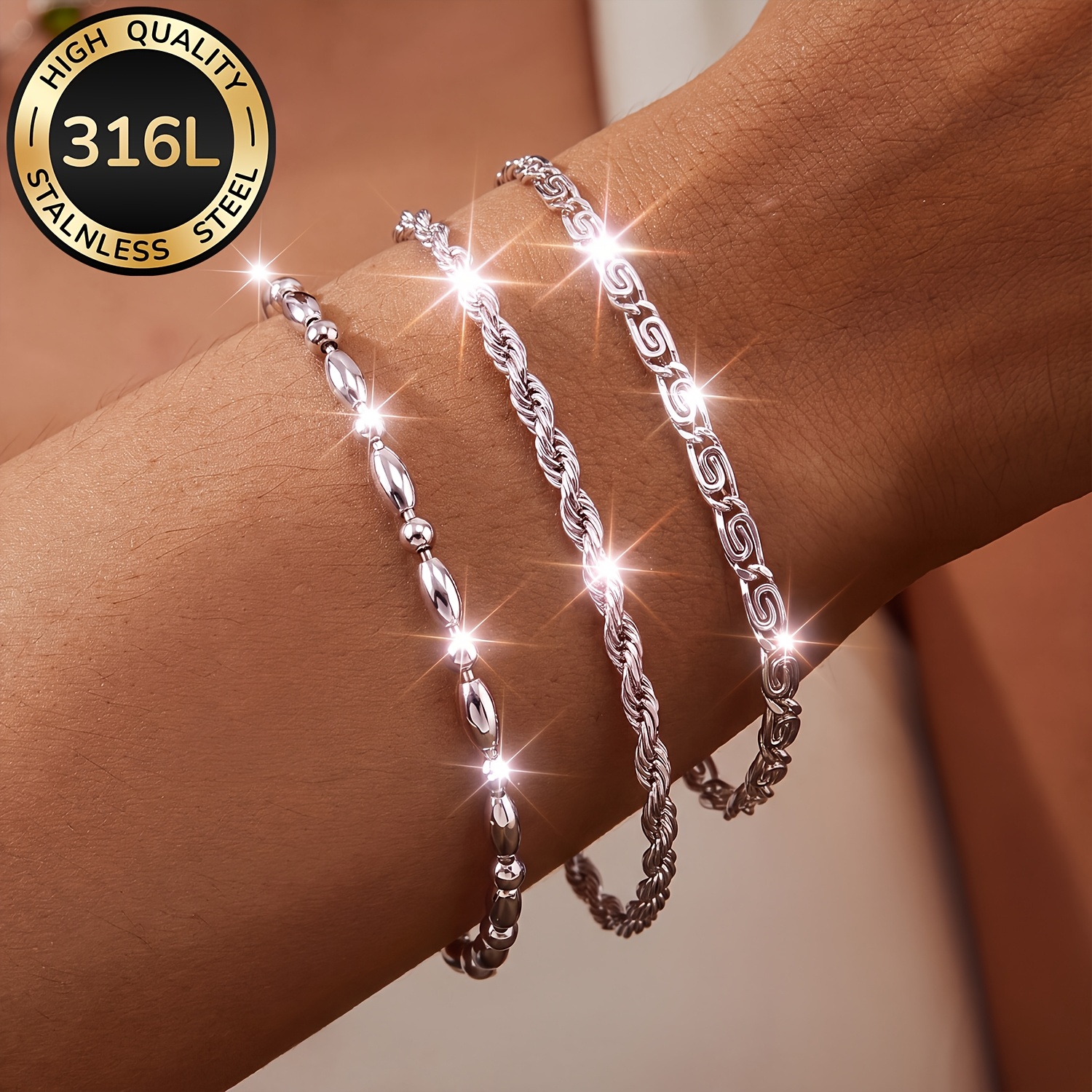 TEMU Ensemble de 3 bracelets pour femme en acier inoxydable 316L, bijoux élégants et luxueux, étanches et résistants à la décoloration, parfaits pour