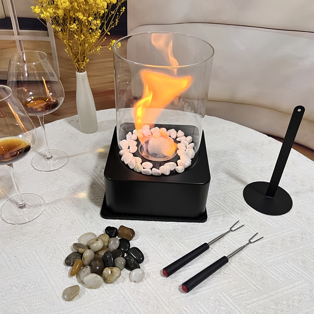 contemporary metal bioethanol fire pit portable tabletop alcohol fireplace with 2 stone options   base mat gloves for indoor outdoor use details 0