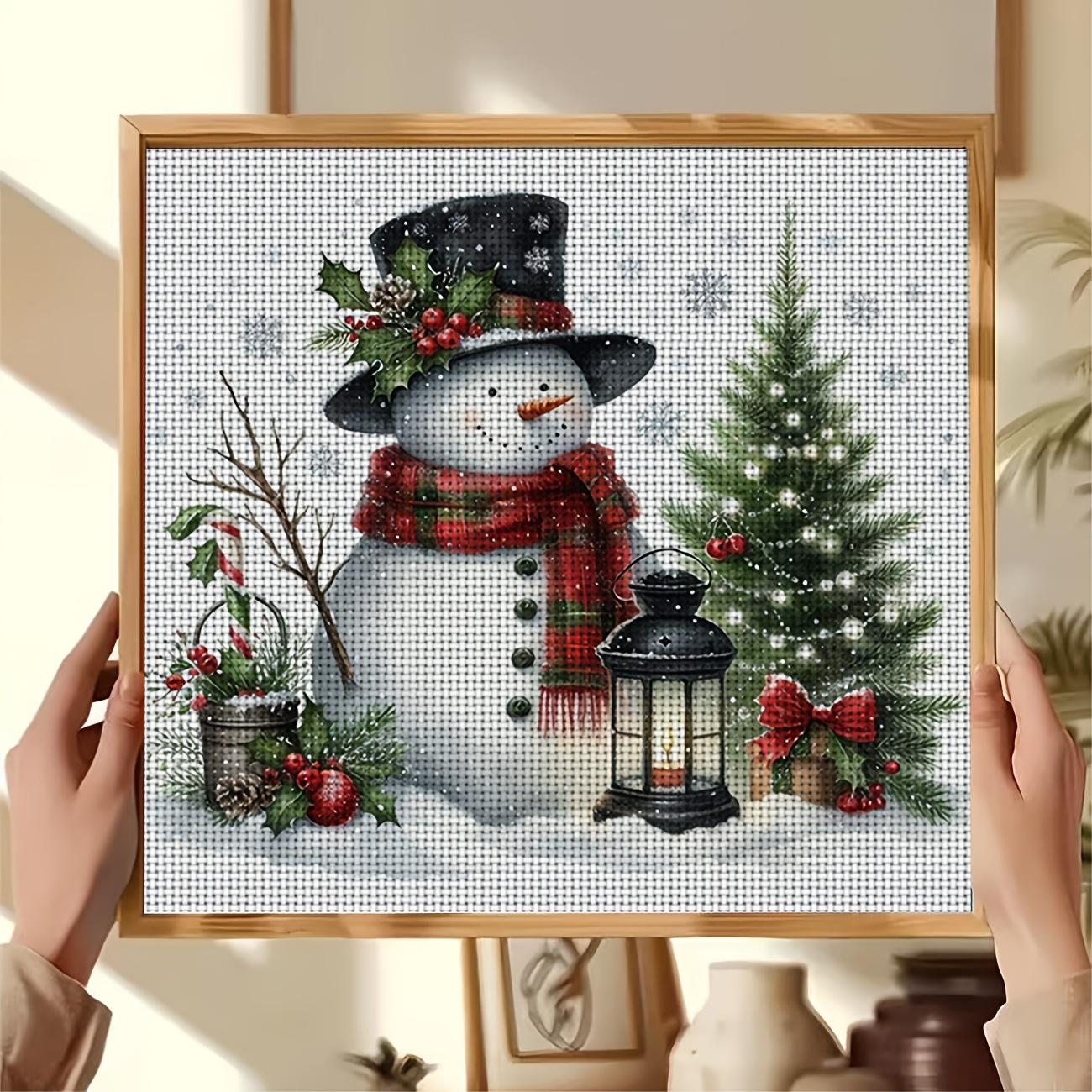 Cross Stitch Printed Kit, Frameless, Christmas Snowman and Tree Pattern