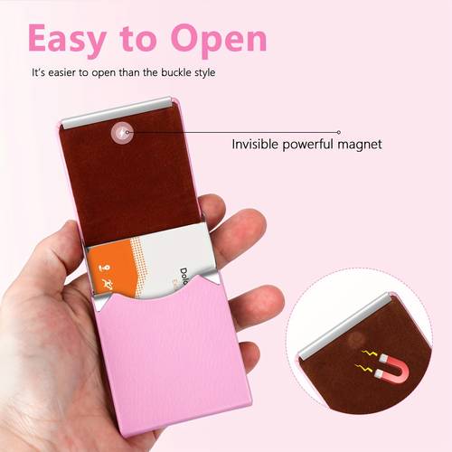 pink faux leather business card holder rfid blocking magnetic card box suitable for men and women office pocket card organizer single laser engraved piece 24 hours delivery personalized text birthdays christmas fathers day anniversaries and commemorative gift