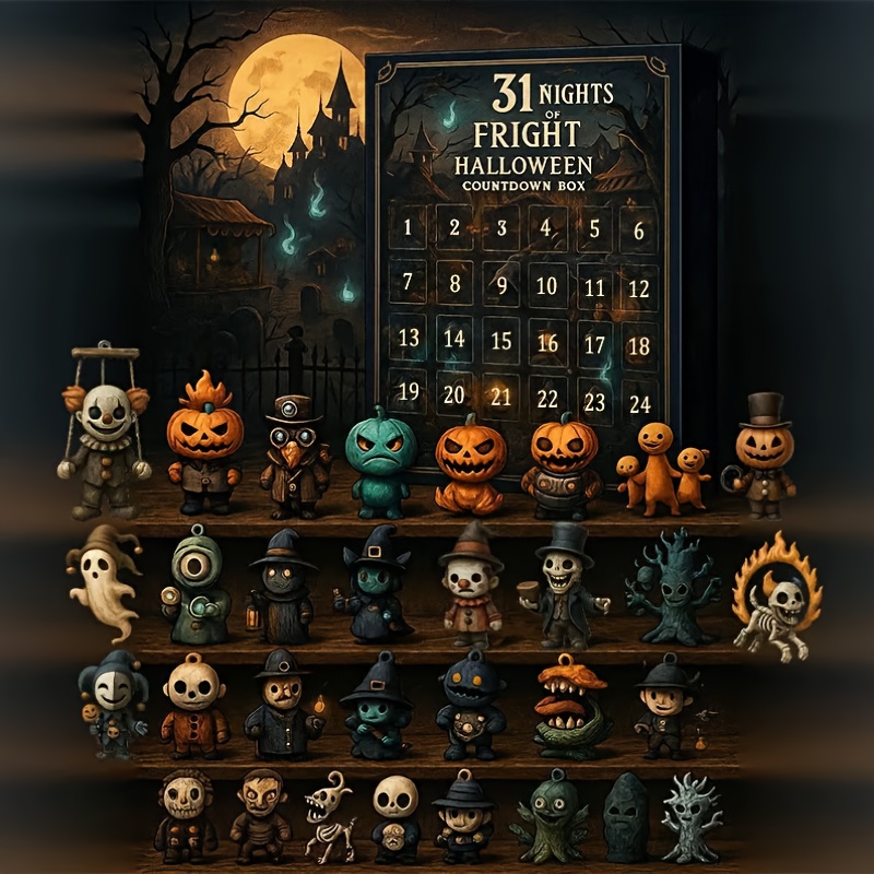 1 Set 31 Nights of   Halloween Countdown Box with 31 Spooky Collectible Horror Figures, Daily Door Decorations & Hanging Charms - 2025 Advent Calendar with 31 Doors, Durable Plastic Construction,   Display for   Horror Fans, Christmas & Halloween Gift Box, Scary Dolls & Mini Decorations, Spooky   Surprise for 31 Nights, Festive Holiday Decor
