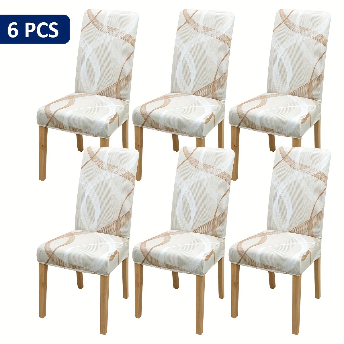 Image of 4/6pcs Brown Linear Geometric Dining Chair Covers, Furniture Protectors For Home Decor, Suitable For Dining Room, Living Room, Kitchen, Festive Atmosphere