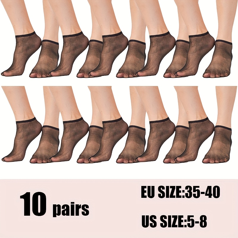 E-shop 10 Paar Schwarze, ultradünne, transparente Socken, unsichtbar, niedrig geschnitten, Knöchelsocken für Damen, Kristall-Nylon-Stretch