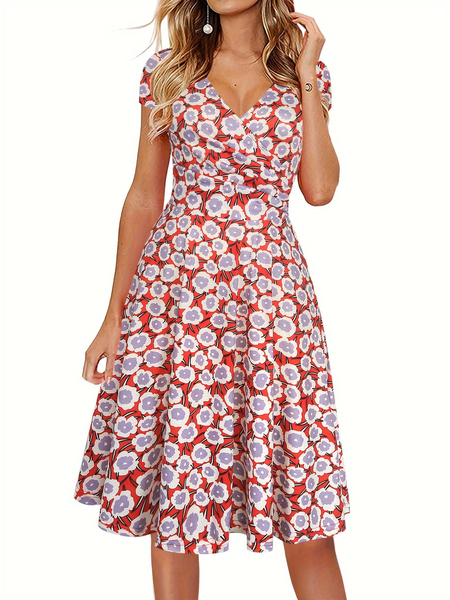 Polka Dot V neck Dress Vintage Short Sleeve Midi Dres Dress - Temu