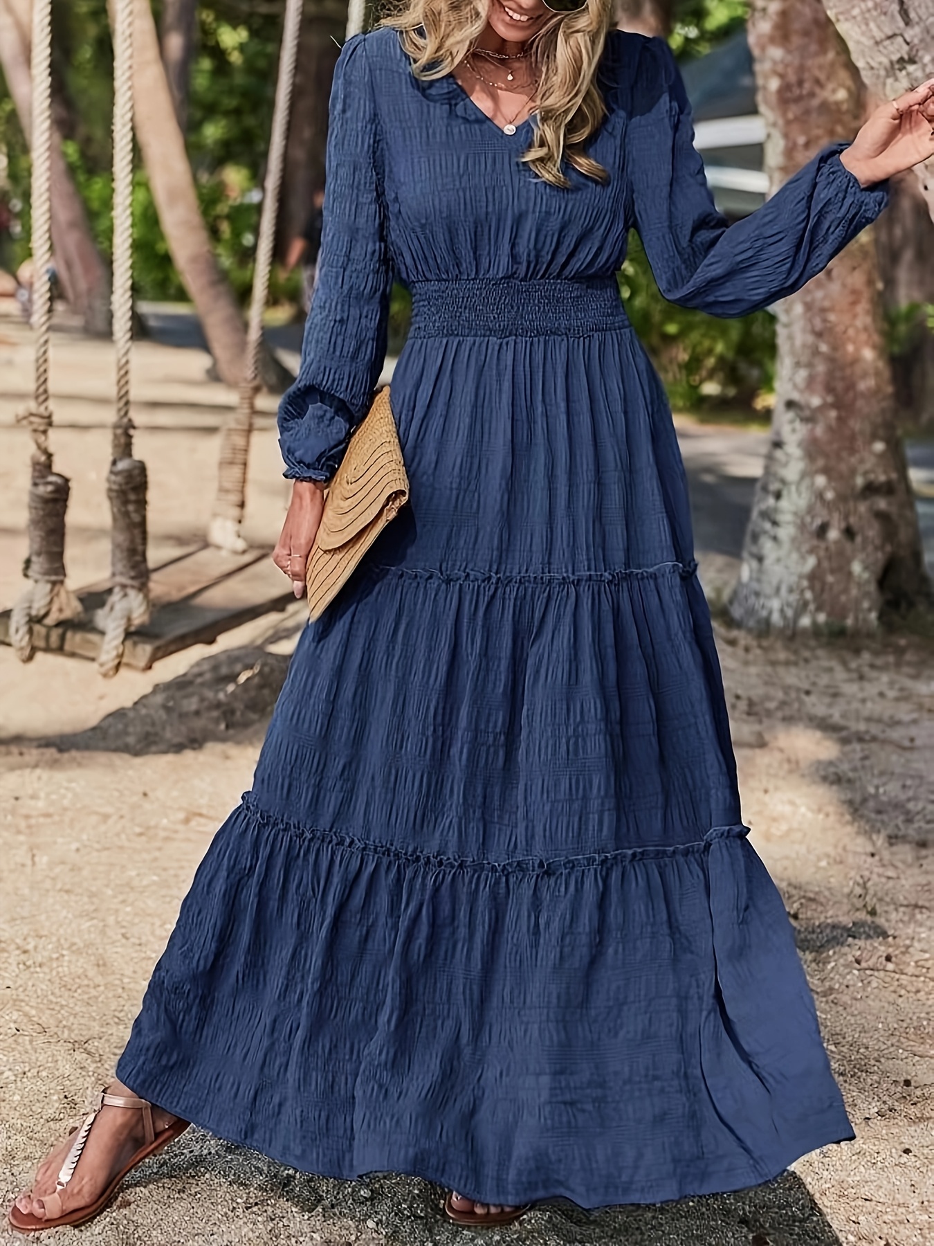 a line elastic waist long sleeved solid color v neck dress - Temu Oman