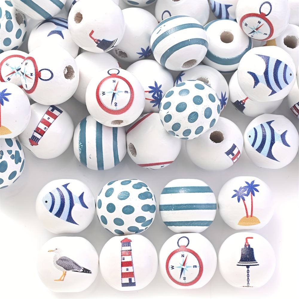 10pcs 16mm White Wooden Beads Random Pattern Includes Fish Compass Tower And For Making Bracelet Necklace Earrings Keychain Accessories