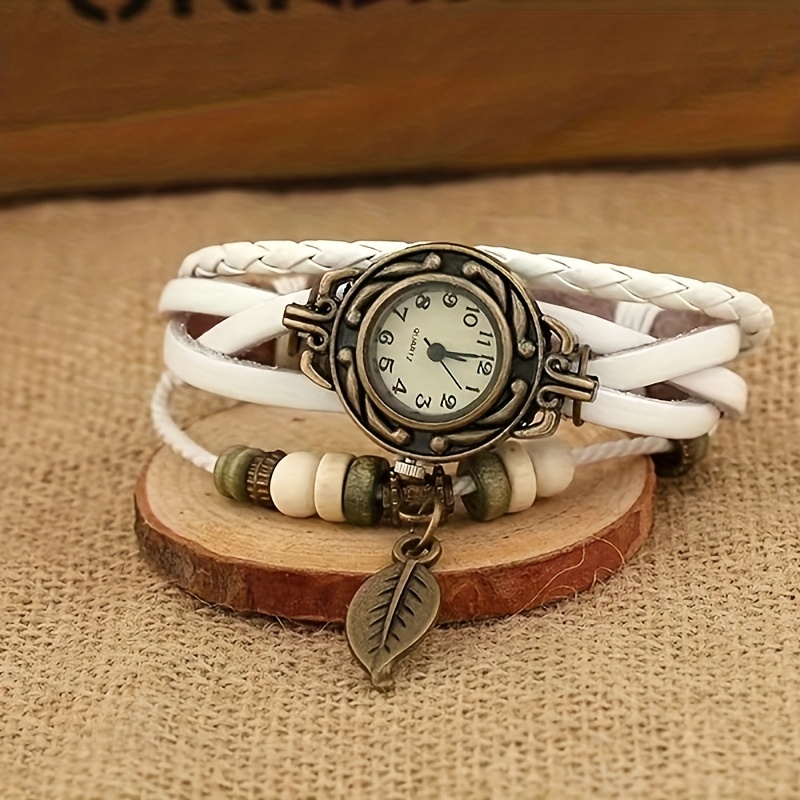 White and Brown Leaf Women\'s Watch Steampunk Watches for Women/womens Watch/wrap Around White  main image 3