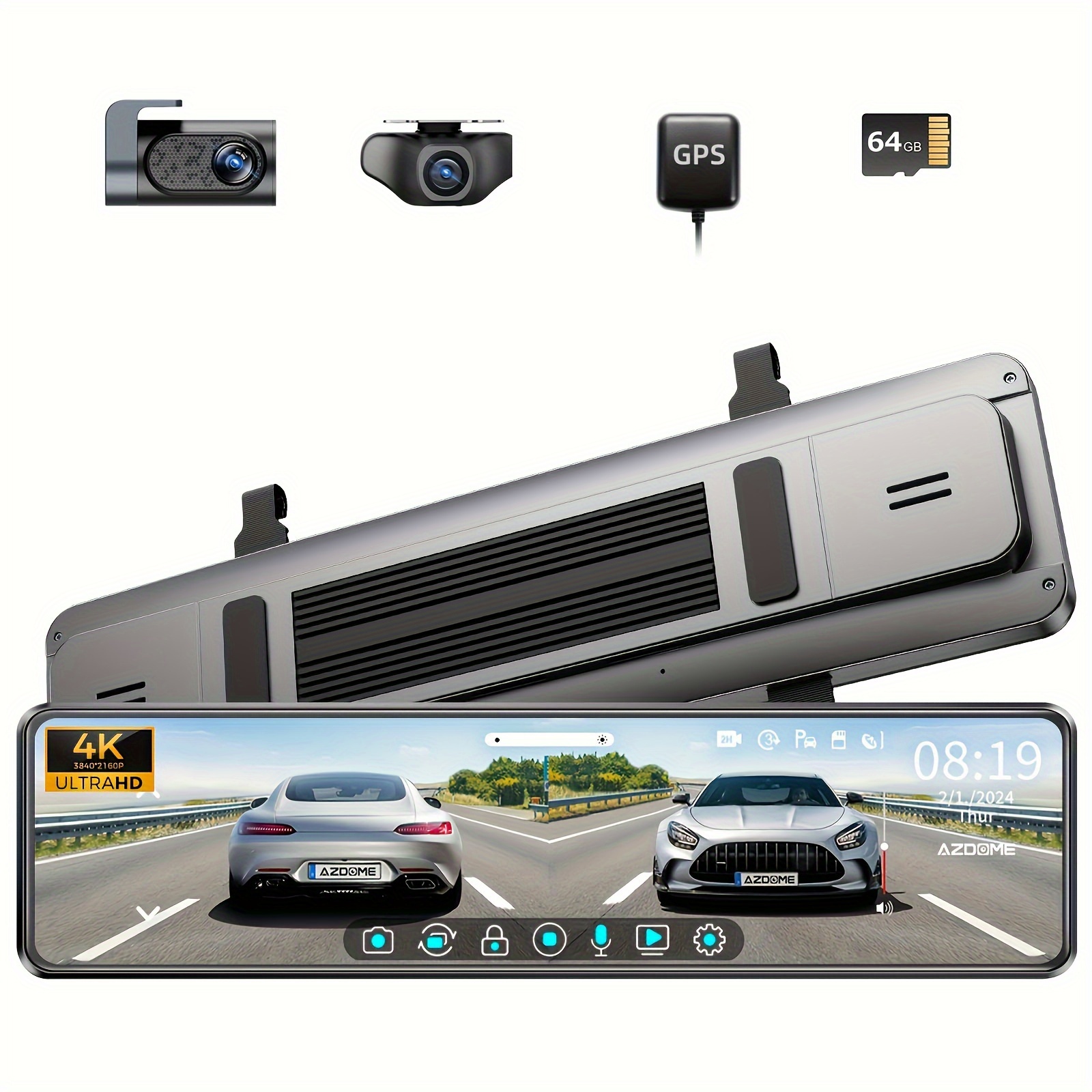 

Azdome Pg18s Front And Rear 4k+1080p Dash Cam, Rear View Mirror Camera, 12" Ips Full Split , Free 64gb Card, Build-in Gps, Type C, 150° Wide , , Parking Mode, Loop Recording, Easy To Insall