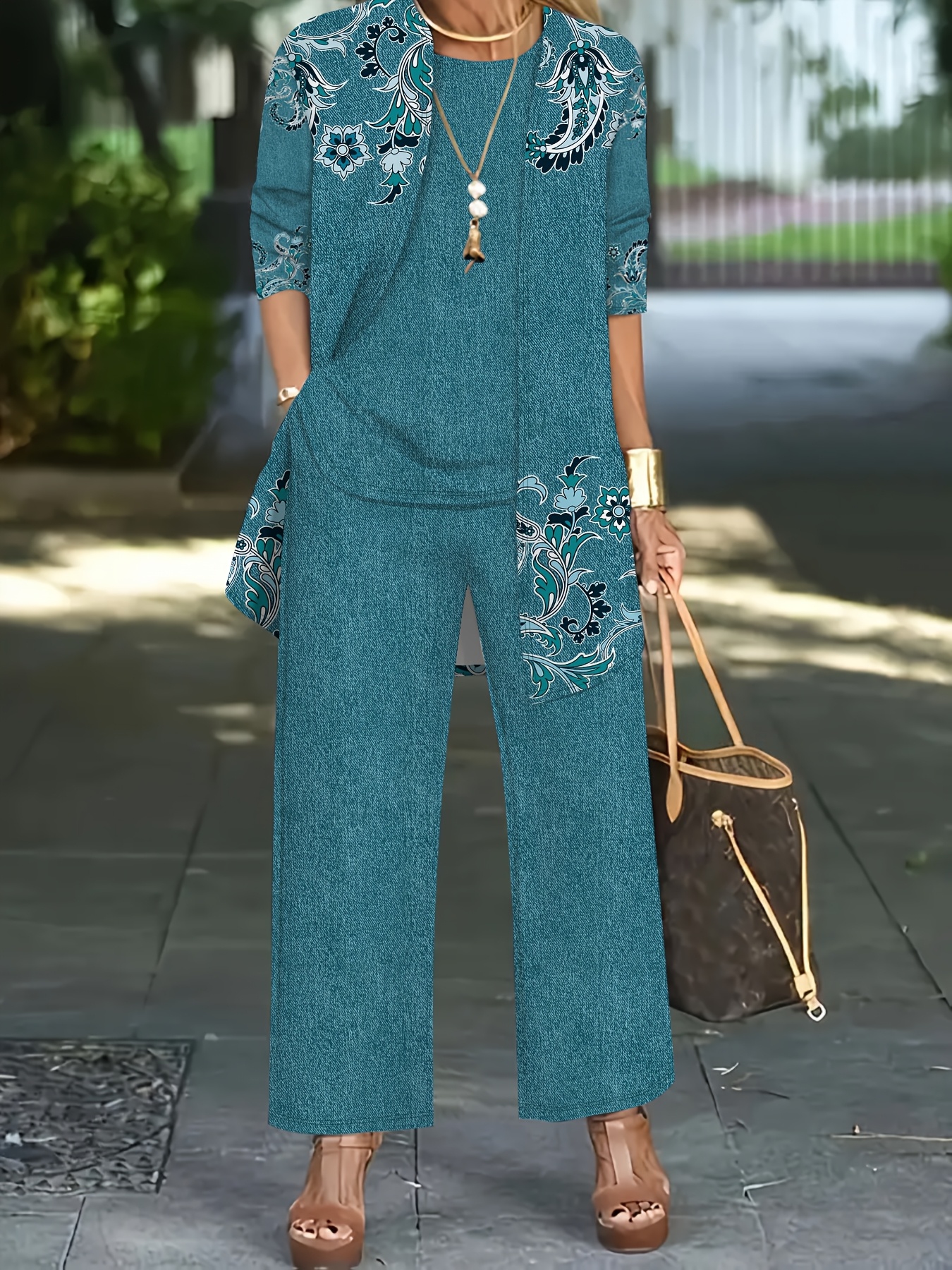 3pcs Women'S Elegant Casual Outfit Set: Turquoise Floral Print Cardigan,  Vest Top Wide-Leg Pants with Pockets Spring/Fall Essential, Versatile  for