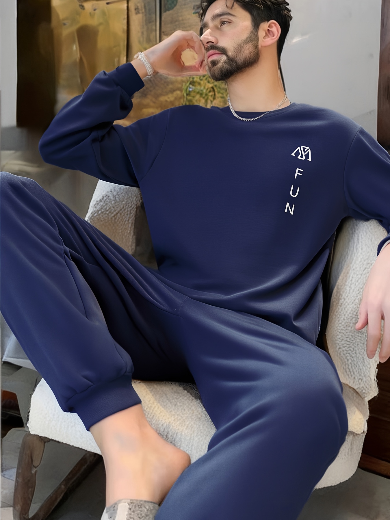 mens casual pajama set long sleeve crew neck polyester knit fabric solid color pullover with   stretch   loungewear regular fit no belt 95 polyester 5 spandex 170g m   wear