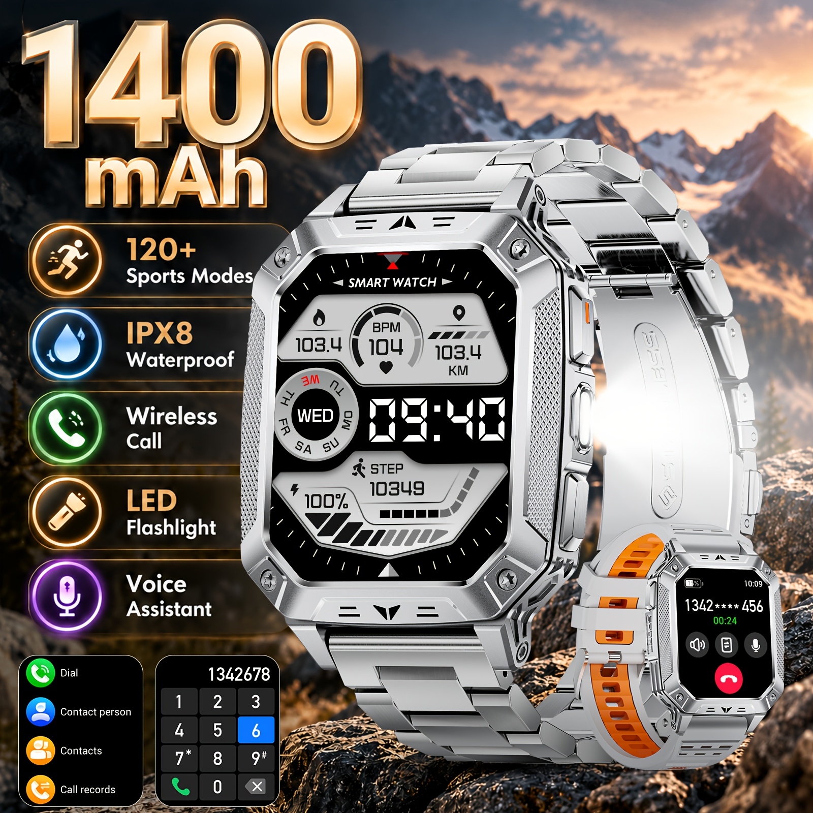 Image of Siemorl 1400 Mah Watch Large Battery 2.0-inch Hd Calls Wireless Ipx8 Waterproof Smartwatch, 100 /led Flashlight Watch
