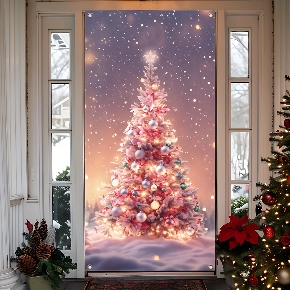 

Pink Christmas Tree Door Cover, 35.4x70.8 Inches With Ornaments - Winter Parties & Holiday Decorations, Polyester