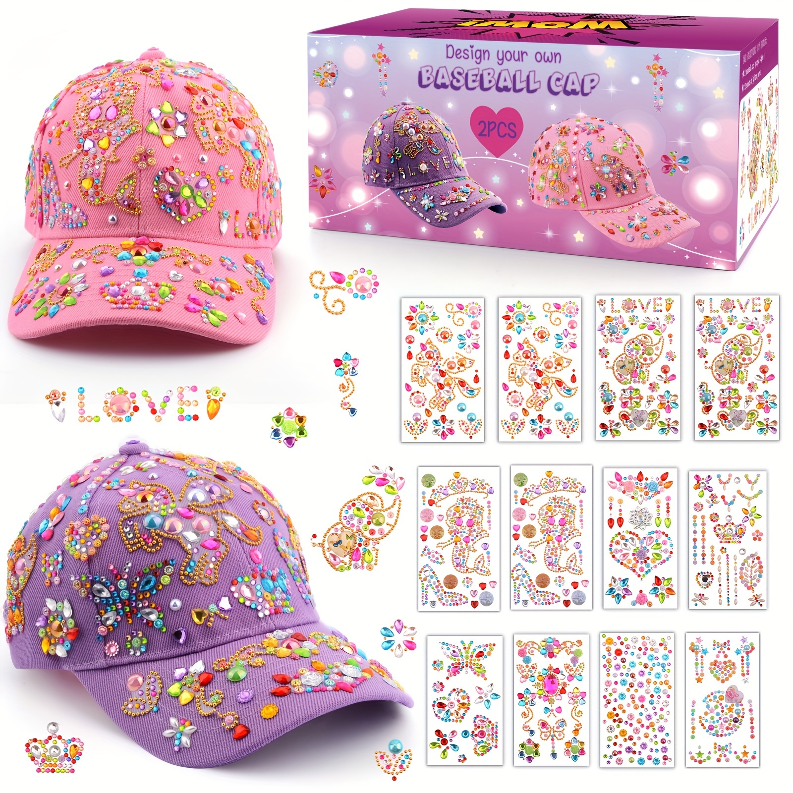 

Gifts For Girls Decorate Your Own Baseball Cap With 12 Sheets Unicorn Gem Stickers, Fun Arts And Crafts Age 4-12, 2pcs Diy Baseball Cap Birthday Gifts For Girls 4