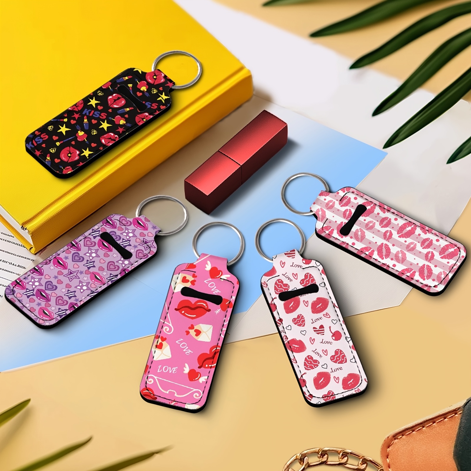 

5-pack Valentine's Day Lipstick Case Keychain Set - Metal Rectangular Key Rings With Heart & Lip Patterns, Decorative Love-themed Polyester Keychains, Perfect Gift For Ladies