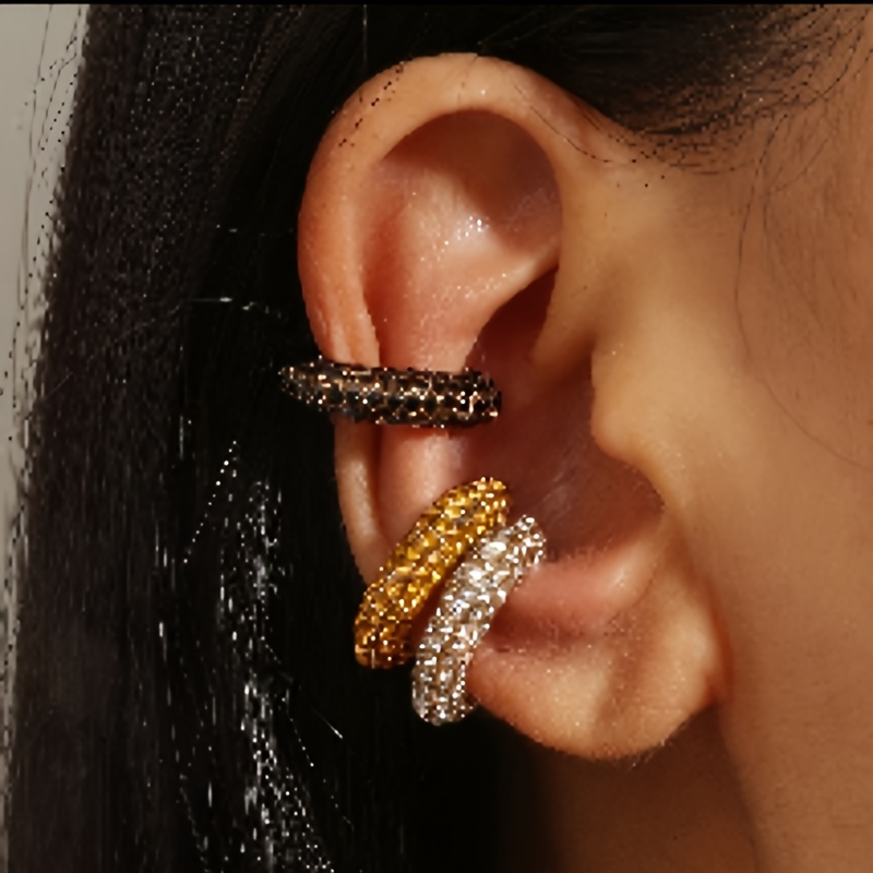 TEMU Un conjunto de tres lujosos aretes con clip adornados con brillantes gemas, diseñados para mujeres que prefieren aretes sin perforaciones, con